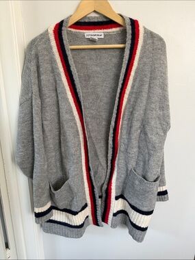 Cotton Emporium Gray Open Cardigan with Red, Navy & Cream Trim size XL